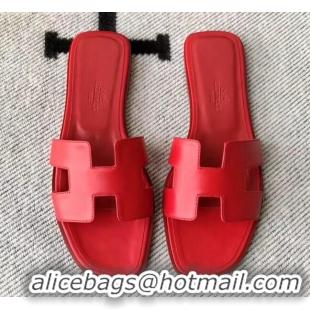 Top Grade Hermes Oran H Flat Slipper Sandals in Smooth Calfskin 040691 Red 2021