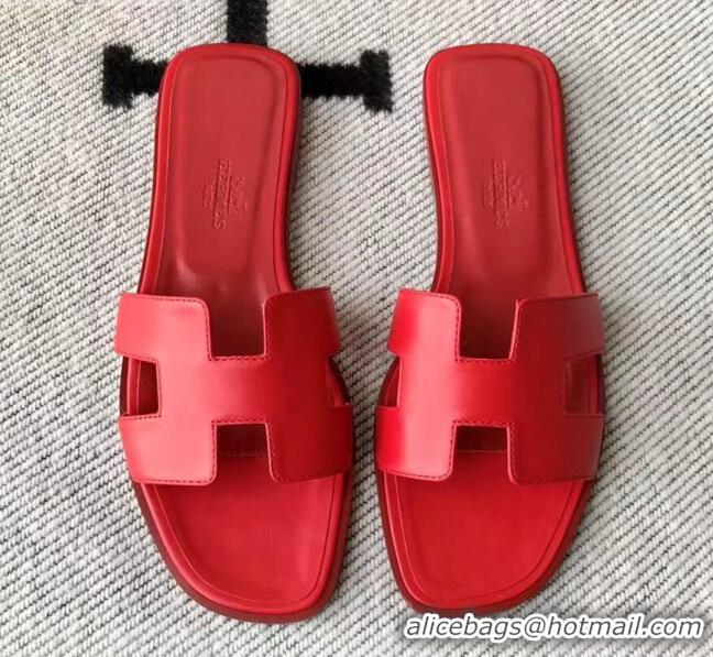 Top Grade Hermes Oran H Flat Slipper Sandals in Smooth Calfskin 040691 Red 2021