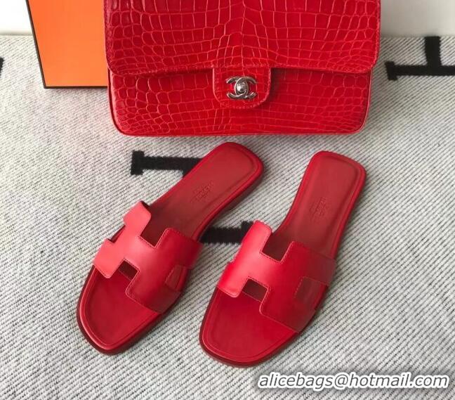 Top Grade Hermes Oran H Flat Slipper Sandals in Smooth Calfskin 040691 Red 2021