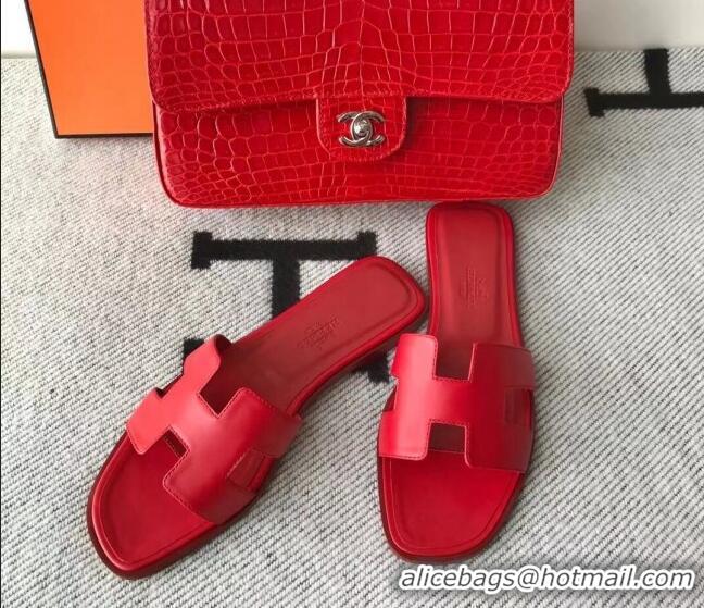 Top Grade Hermes Oran H Flat Slipper Sandals in Smooth Calfskin 040691 Red 2021