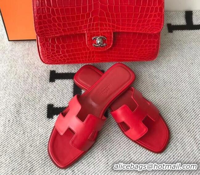 Top Grade Hermes Oran H Flat Slipper Sandals in Smooth Calfskin 040691 Red 2021