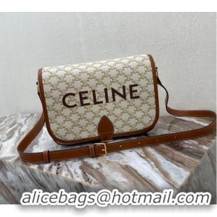 Discount Celine TRIOMPHE SHOULDER BAG IN TRIOMPHE CANVAS AND CALFKSIN 193902 WHITE