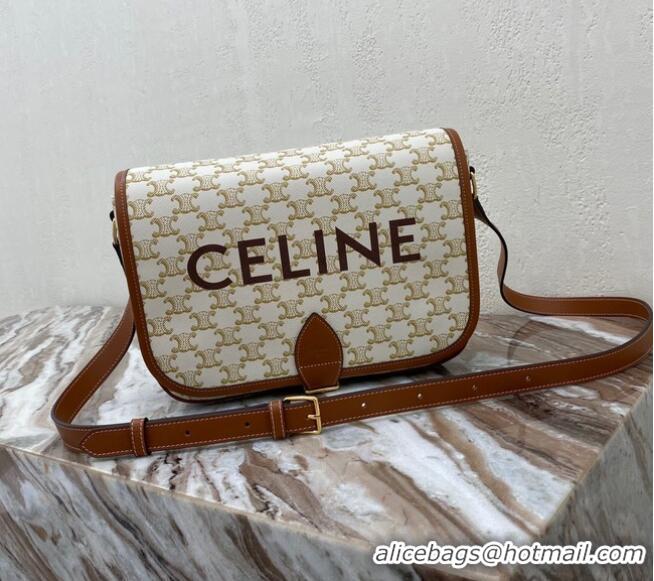 Discount Celine TRIOMPHE SHOULDER BAG IN TRIOMPHE CANVAS AND CALFKSIN 193902 WHITE