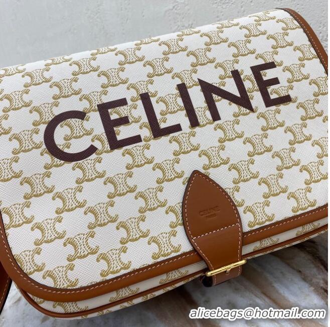 Discount Celine TRIOMPHE SHOULDER BAG IN TRIOMPHE CANVAS AND CALFKSIN 193902 WHITE