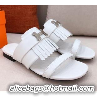 New Design Hermes Coralia Fringe Flat Sandals 040961 White 2021