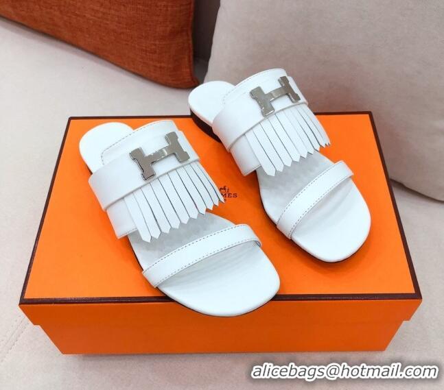 New Design Hermes Coralia Fringe Flat Sandals 040961 White 2021