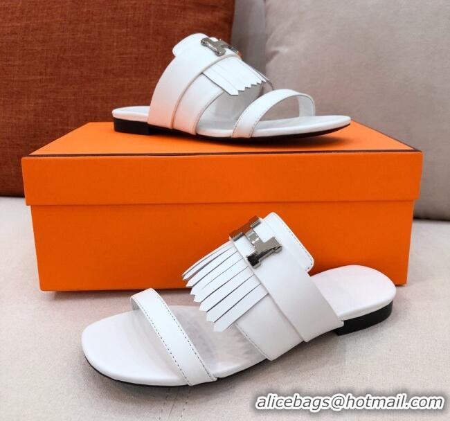 New Design Hermes Coralia Fringe Flat Sandals 040961 White 2021