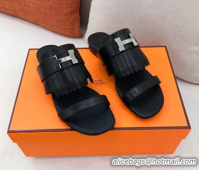 Popular Style Hermes Coralia Fringe Flat Sandals 040961 Black 2021