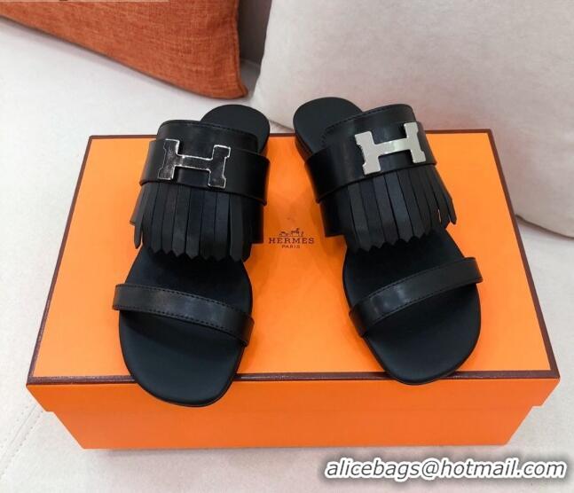 Popular Style Hermes Coralia Fringe Flat Sandals 040961 Black 2021