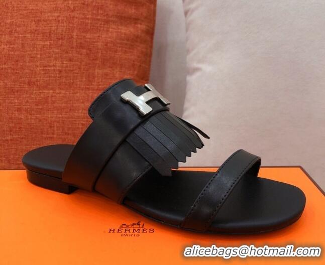 Popular Style Hermes Coralia Fringe Flat Sandals 040961 Black 2021