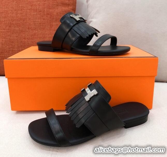 Popular Style Hermes Coralia Fringe Flat Sandals 040961 Black 2021