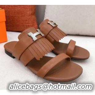 New Style Hermes Coralia Fringe Flat Sandals 040961 Brown 2021