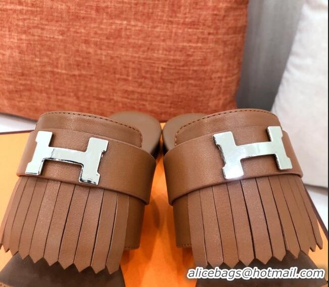 New Style Hermes Coralia Fringe Flat Sandals 040961 Brown 2021