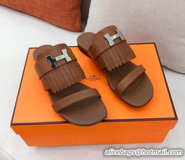 New Style Hermes Coralia Fringe Flat Sandals 040961 Brown 2021