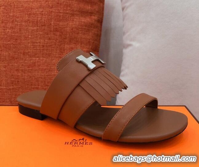 New Style Hermes Coralia Fringe Flat Sandals 040961 Brown 2021