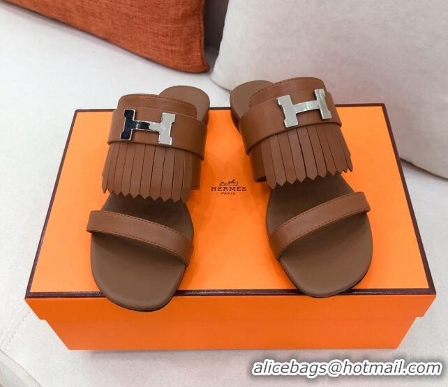 New Style Hermes Coralia Fringe Flat Sandals 040961 Brown 2021