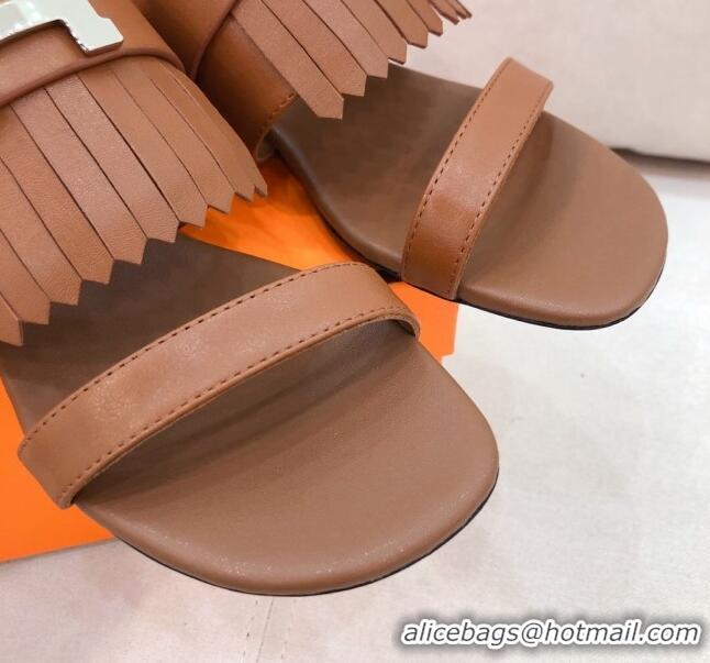 New Style Hermes Coralia Fringe Flat Sandals 040961 Brown 2021