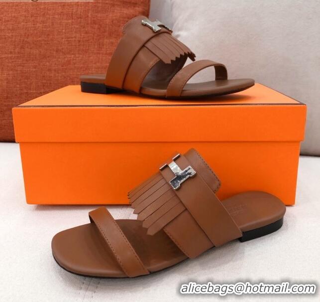 New Style Hermes Coralia Fringe Flat Sandals 040961 Brown 2021