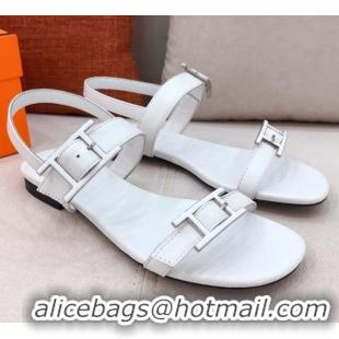 Fashion Hermes Cristal H Buckle Flat Sandals 040964 White