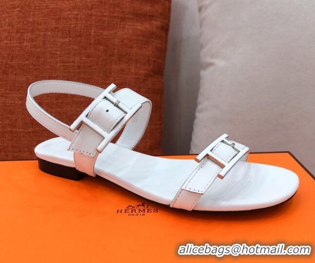 Fashion Hermes Cristal H Buckle Flat Sandals 040964 White