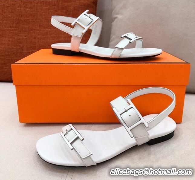 Fashion Hermes Cristal H Buckle Flat Sandals 040964 White