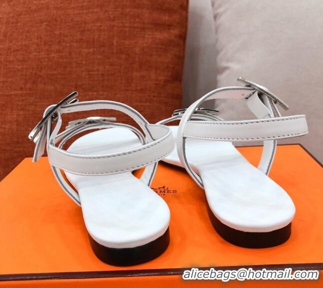 Fashion Hermes Cristal H Buckle Flat Sandals 040964 White