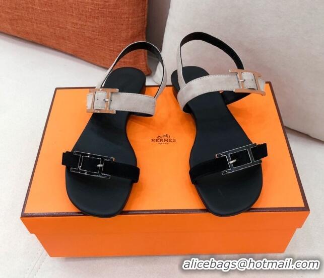 Well Crafted Hermes Cristal H Buckle Flat Sandals 040964 Grey/Black