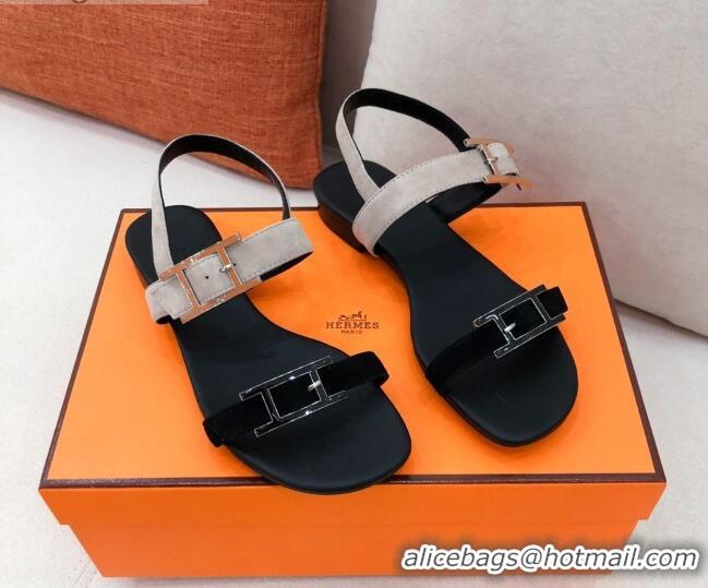 Well Crafted Hermes Cristal H Buckle Flat Sandals 040964 Grey/Black