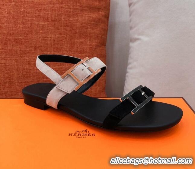 Well Crafted Hermes Cristal H Buckle Flat Sandals 040964 Grey/Black