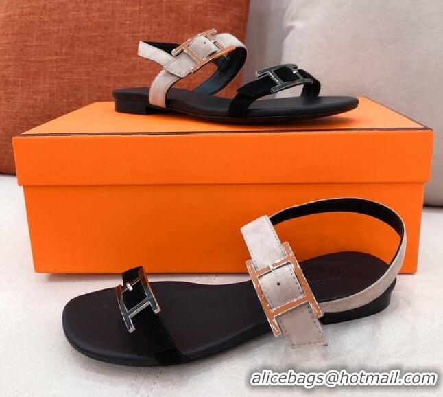 Well Crafted Hermes Cristal H Buckle Flat Sandals 040964 Grey/Black