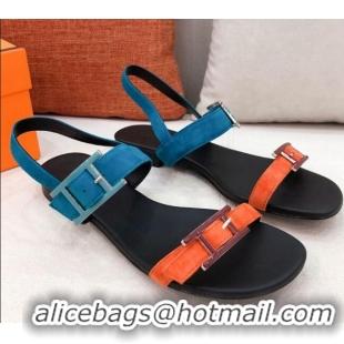 Good Quality Hermes Cristal Suede Flat Sandals 040966 Orange/Blue 2021