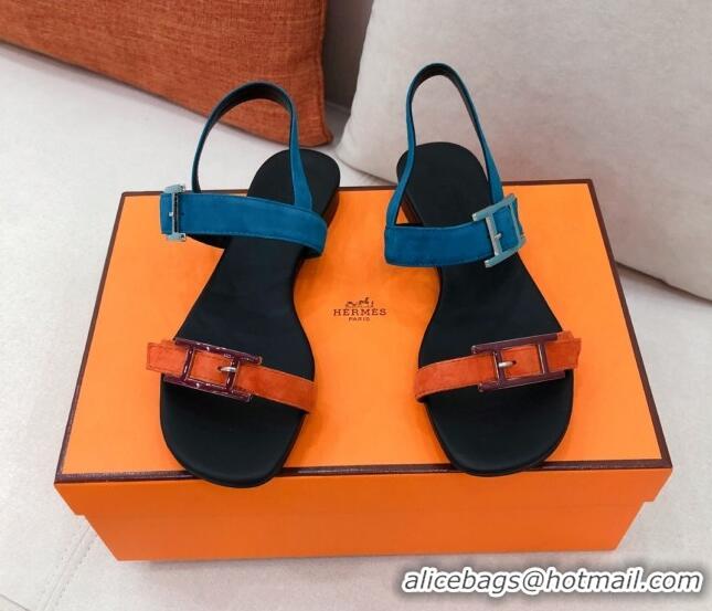 Good Quality Hermes Cristal Suede Flat Sandals 040966 Orange/Blue 2021