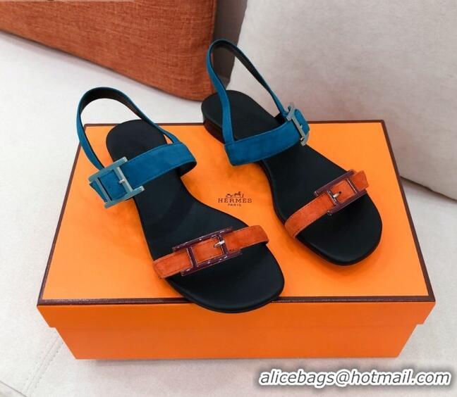 Good Quality Hermes Cristal Suede Flat Sandals 040966 Orange/Blue 2021