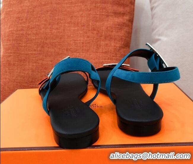 Good Quality Hermes Cristal Suede Flat Sandals 040966 Orange/Blue 2021