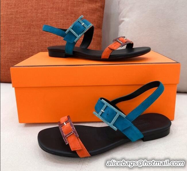 Good Quality Hermes Cristal Suede Flat Sandals 040966 Orange/Blue 2021