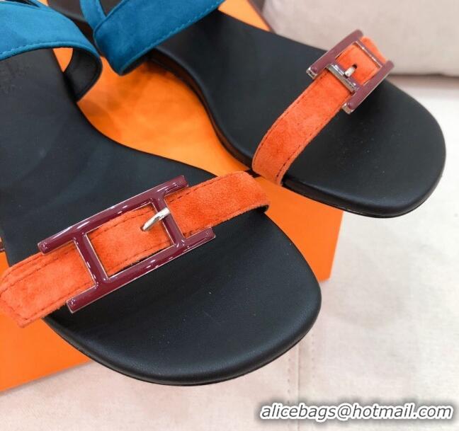 Good Quality Hermes Cristal Suede Flat Sandals 040966 Orange/Blue 2021