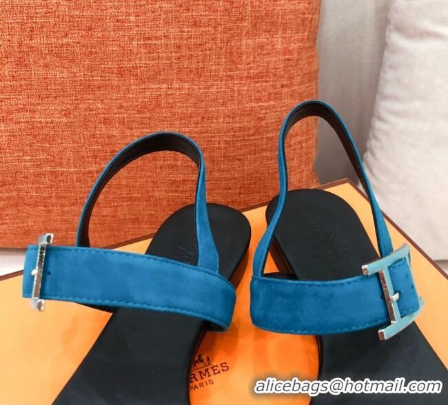 Good Quality Hermes Cristal Suede Flat Sandals 040966 Orange/Blue 2021