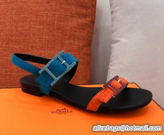 Good Quality Hermes Cristal Suede Flat Sandals 040966 Orange/Blue 2021