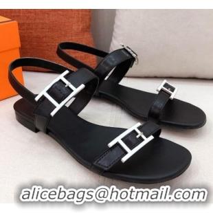 Well Crafted Hermes Cristal H Buckle Flat Sandals 040966 Black 2021