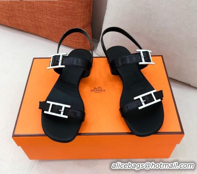 Well Crafted Hermes Cristal H Buckle Flat Sandals 040966 Black 2021