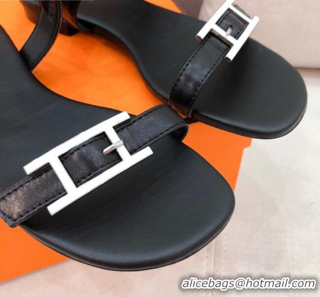 Well Crafted Hermes Cristal H Buckle Flat Sandals 040966 Black 2021