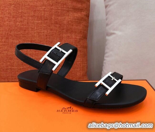 Well Crafted Hermes Cristal H Buckle Flat Sandals 040966 Black 2021