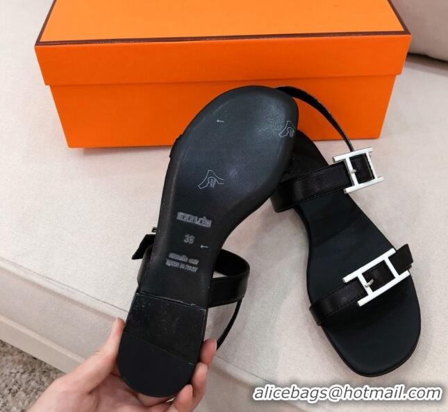 Well Crafted Hermes Cristal H Buckle Flat Sandals 040966 Black 2021