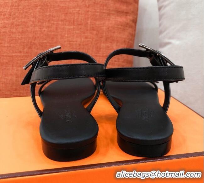 Well Crafted Hermes Cristal H Buckle Flat Sandals 040966 Black 2021