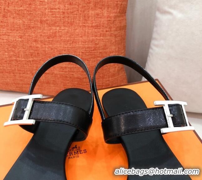 Well Crafted Hermes Cristal H Buckle Flat Sandals 040966 Black 2021