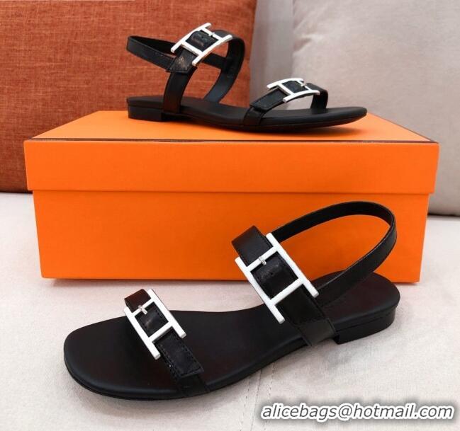 Well Crafted Hermes Cristal H Buckle Flat Sandals 040966 Black 2021