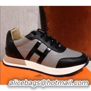 Top Design Hermes Avantage Leather Sneakers 040969 Black/Grey