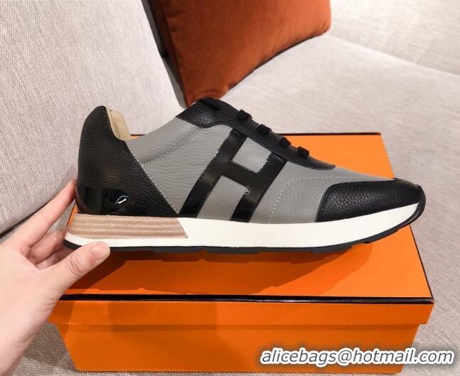 Top Design Hermes Avantage Leather Sneakers 040969 Black/Grey