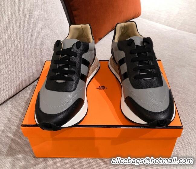 Top Design Hermes Avantage Leather Sneakers 040969 Black/Grey