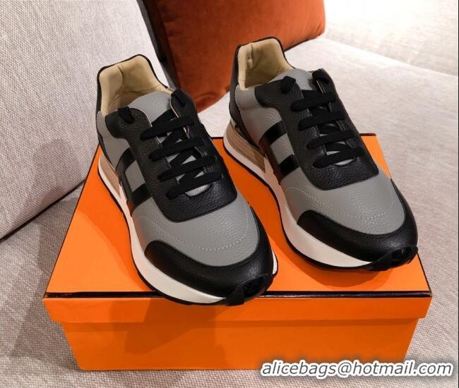 Top Design Hermes Avantage Leather Sneakers 040969 Black/Grey